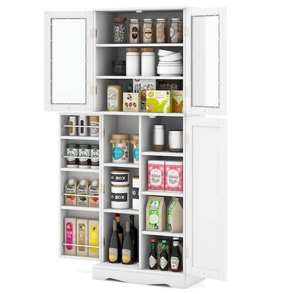 Costway White MDF 24 in. Tall Storage Cabinet Kitchen Pantry Cupboard Sideboards with Tempered Glass Doors and Shelves