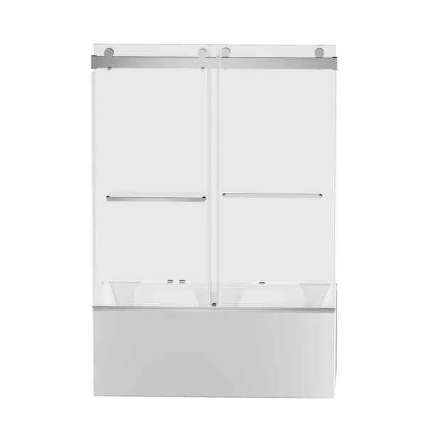 60 in. W x 62 in. H Frameless Double Sliding Tub Door Bypass Tub Shower Door in Chrome with 5/16 in. Clear Glass