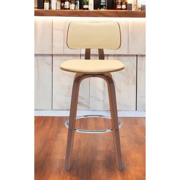 30 in. Cream Low Back Wood Bar Stool Faux Leather Seat