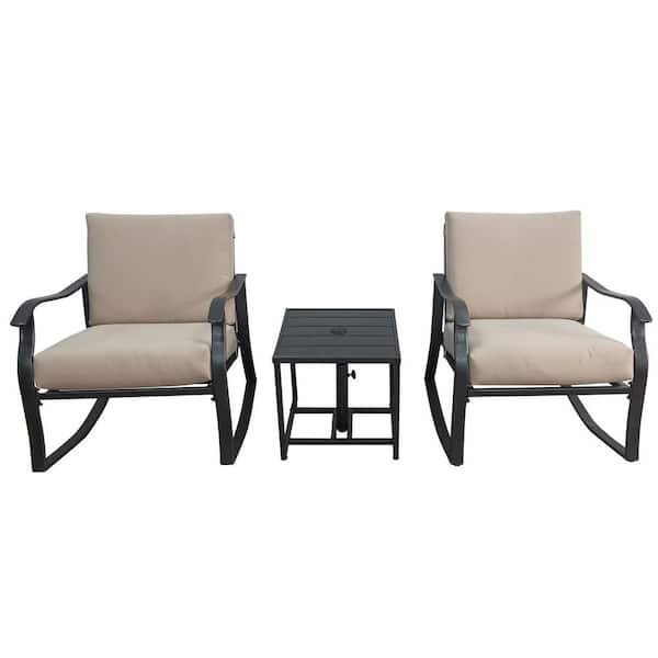 URTR 3-Piece Patio Furniture Set Outdoor Patio Conversation Set Black Iron Rocking Chairs and Table Set with Beige Cushion
