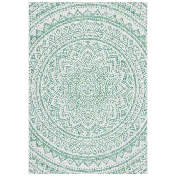 SAFAVIEH Courtyard Ivory/Green Doormat 3 ft. x 5 ft. Transitional Medallion Indoor/Outdoor Patio Area Rug