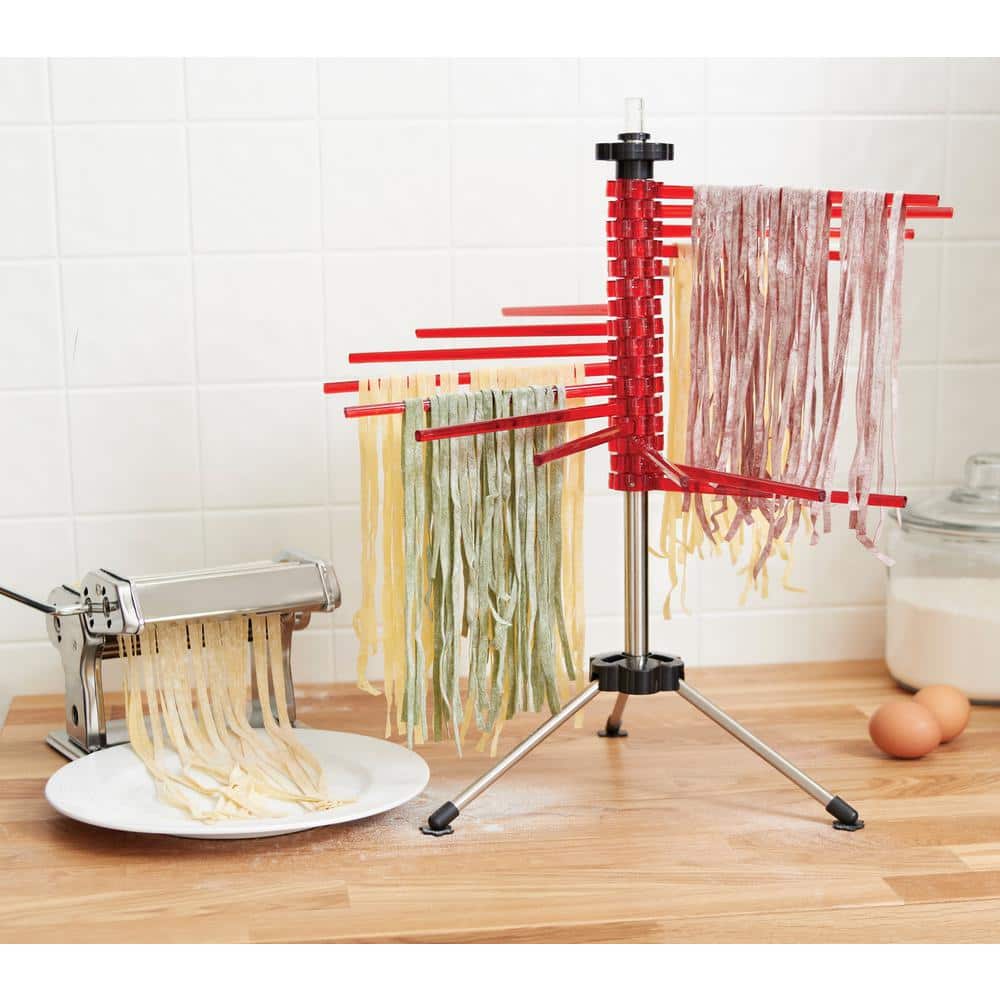 Red Collapsible Pasta Drying Rack with Rotating Arms