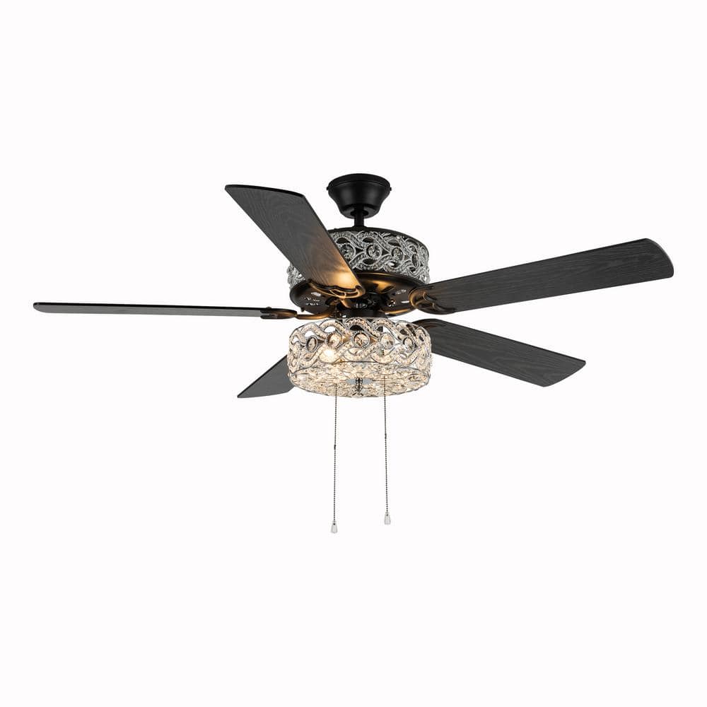 52" Silver and Black Crystal Chandelier Ceiling Fan with Reversible Blades
