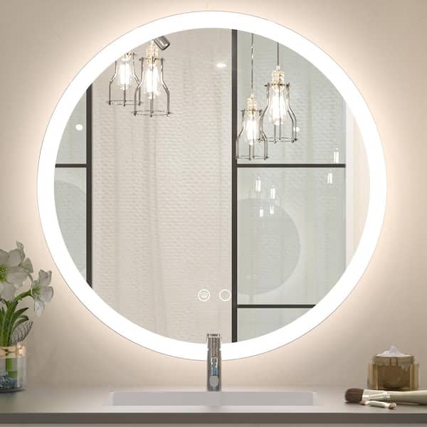 KeonJinn 28 in. W x 28 in. H Modern Round Frameless Anti-Fog Wall Mount LED Bathroom Vanity Mirror with 3 Colors Dimmable Lights