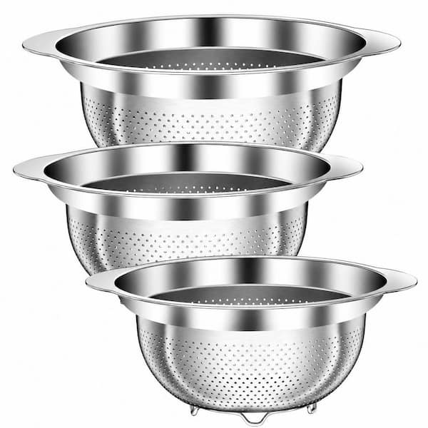 Large Stainless Steel Colander Set with 1-Piece Handles, Non-Slip Feet, 5 qt. 6 qt. 7 qt. Dishwasher Safe