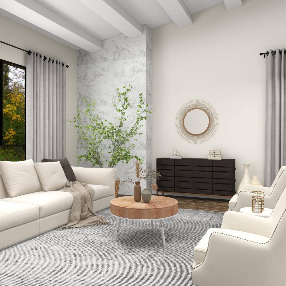 Modern Minimalist Round Coffee Table with White Distressed Iron Legs, 32"W