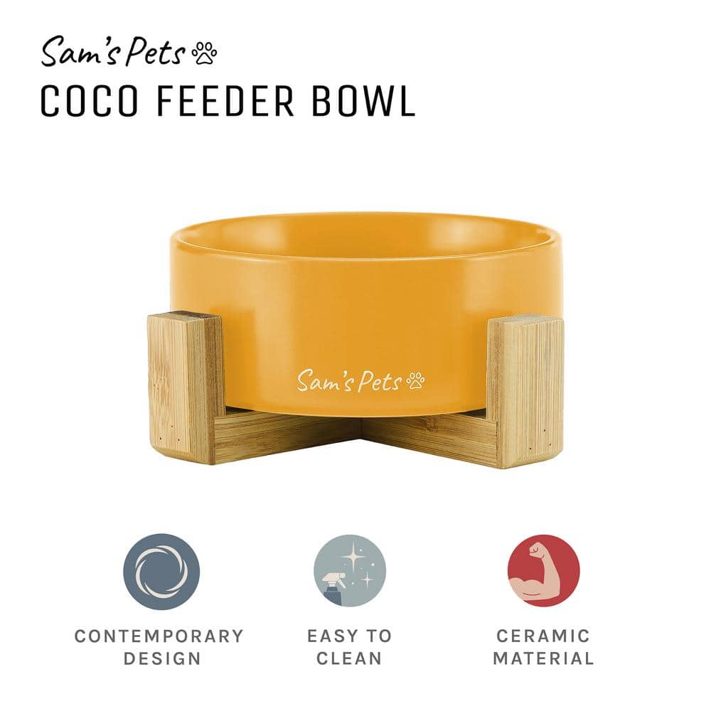 Yellow Ceramic Pet Bowl with Wooden Stand