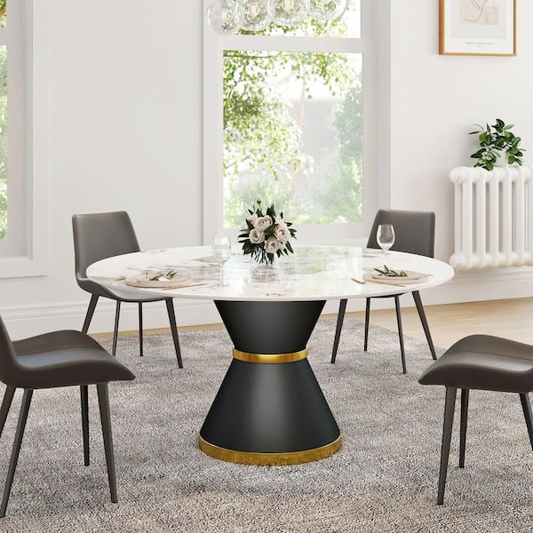 59 in. Pandora Sintered Stone Round Top Pedestal Black Metal Base Dining Table (Seats 8)