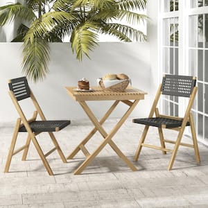 Teak Wood Folding Outdoor Dining Chair Set of 2 with Woven Rope Seat and Back