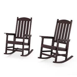 Brown Plastic Adirondack Outdoor Rocking Chair with High Back, Porch Rocker for Backyard (Set of 2)