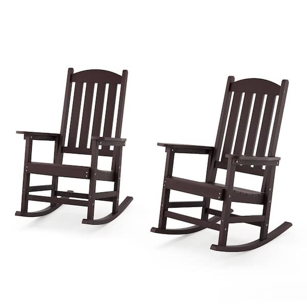 LUE BONA Brown Plastic Adirondack Outdoor Rocking Chair with High Back, Porch Rocker for Backyard (Set of 2)