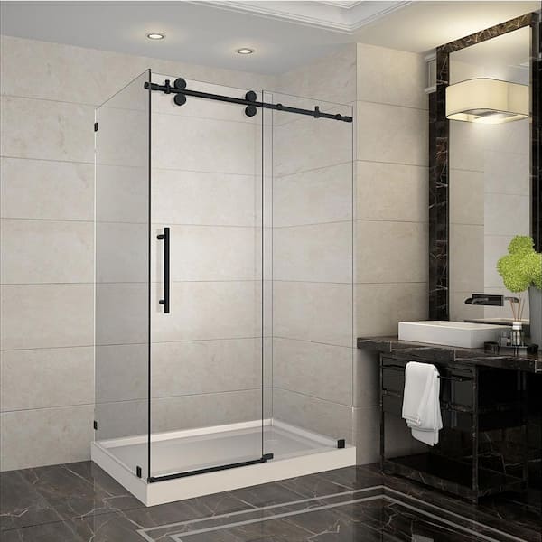 Aston Langham 48 in. x 77.5 in. x 35 in. Frameless Corner Sliding Shower Door in Matte Black, Right Drain