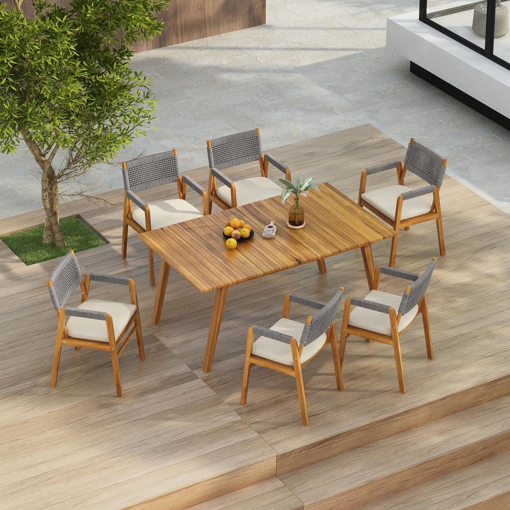 Agnes 7-Piece Wood and Rope Woven Rectangle Patio Outdoor Dining Set with Beige Cushions, Slat Design, Teak + Grey price history on PriceWatchPro
