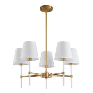 5-Light White and Gold Modern Chandelier for Dining Room with Fabric Shade Height Adjustable Chandelier Light Fixture