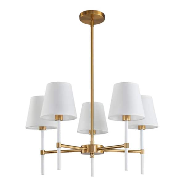KAISITE 5-Light White and Gold Modern Chandelier for Dining Room with Fabric Shade Height Adjustable Chandelier Light Fixture