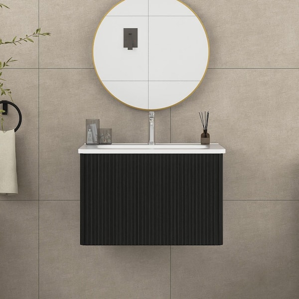 JimsMaison 24.01 in. W x 18.3 in. D x 15.60 in. H Single Sink Wall-Mounted Bath Vanity in Black with White Integrated Ceramic Sink
