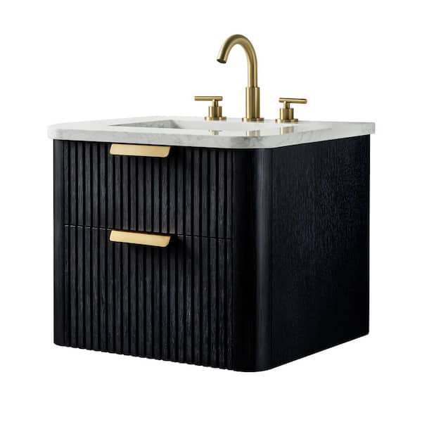 Warren 24 in. W Floating Bath Vanity in Black Oak, Engineered Stone Top in Arabescato and White Sink