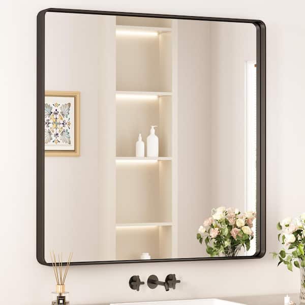 KeonJinn 36 in. W x 36 in. H Modern Rectangular Black Aluminum Framed Wall Bathroom Vanity Mirror