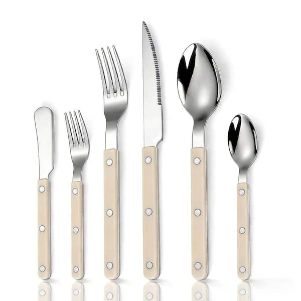 18/8 Stainless Steel Beige White Flatware Set with Rivet ABS Handle, Steak Knife, Fork, Spoon, Dishwasher