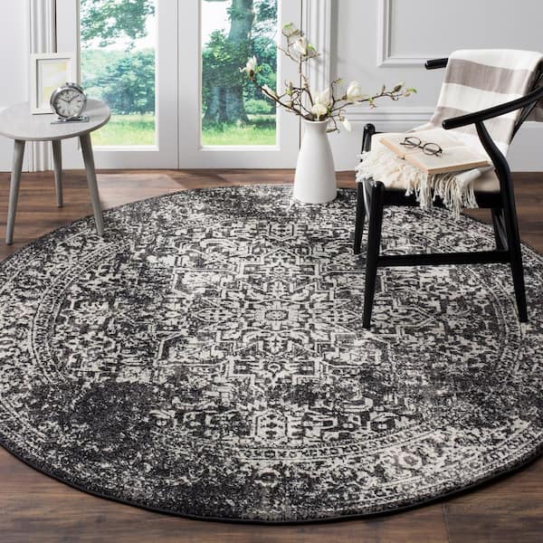Evoke 9 ft. x 9 ft. Black/Gray Distressed Border Medallion Round Area Rug