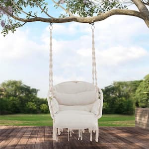 2.2 ft Macrame Hammock Chair with Oversized Padded Cushion Hand-woven Knots and Tassels in Beige