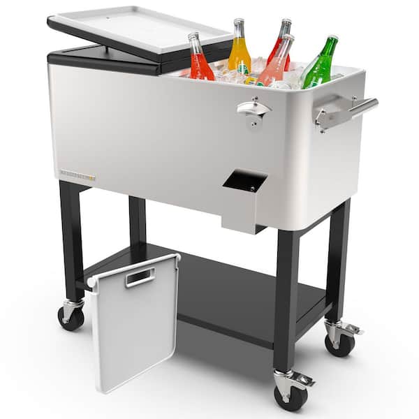 Party Cooler, 80-qt. Capacity, Removable Basin, Divider Cooler, Rolling Ice Chest for Entertainment, Stainless Steel