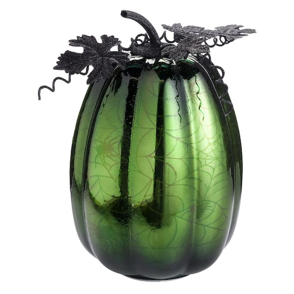 Mercury Glass Lighted Pumpkin Halloween Accent-Blue Spider Web