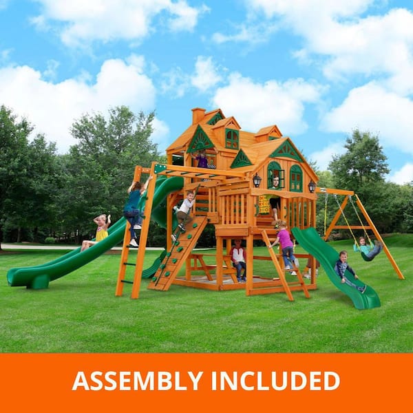 Pro Assembled Empire Wooden Outdoor Backyard Playset with Clatter Bridge, Tube Slide, and Rock Wall