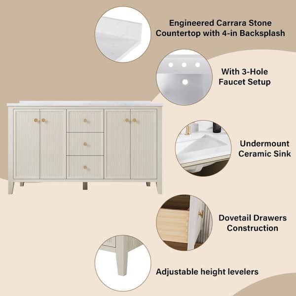 60 in. W Single Sink Solid Wood Bath Vanity in ASH with White Engineered Quartz Top, Soft-Close