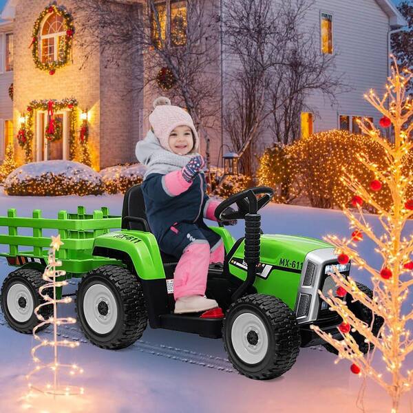TOBBI 12-Volt Kids Ride On Tractor Electric Car Truck With Trailer/LED Lights/Music/Bluetooth, Dark Green TH17P0491 - The Home Depot