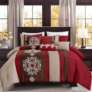 7-Piece Red All Season Bedding King size Comforter Set, Ultra Soft Polyester Elegant Bedding Comforters