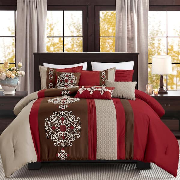 Shatex 7-Piece Red All Season Bedding King size Comforter Set, Ultra Soft Polyester Elegant Bedding Comforters