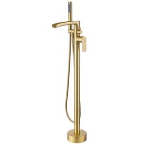 Single-Handle Waterfall Freestanding Tub Faucet with Hand Shower Single Hole Floor Mount Tub Fillers in Brushed Gold