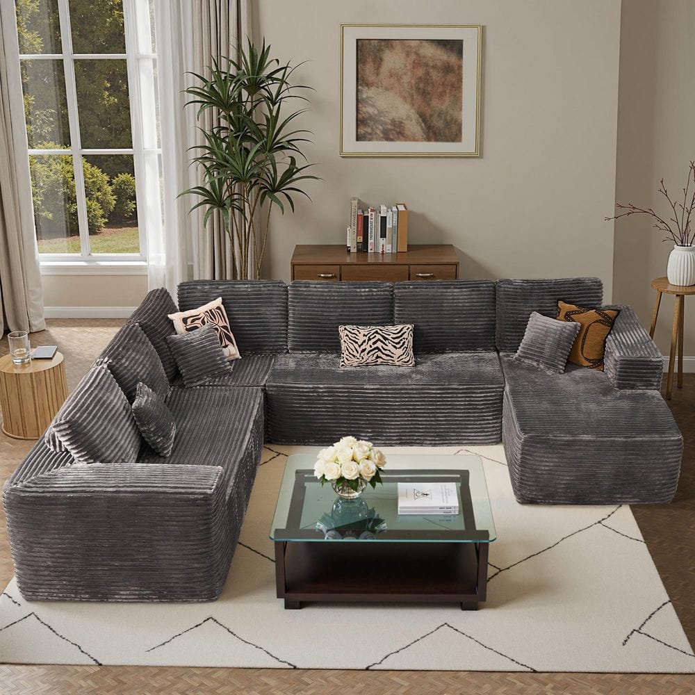 Allwex VJ 135 in. Wide Arm 4-Piece Modern Plush Corduroy U-Shape