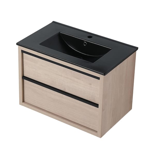 INSTER LINE 30 in. W x 18.3 in. D x 21.25 in. H Single Sink Wall Mount Bath Vanity in Light Oak with Black Ceramic Top Sink