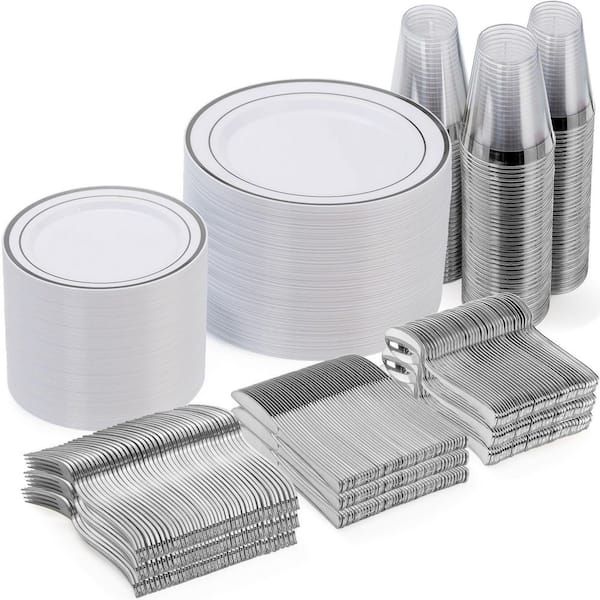 600-Piece Silver Plastic Dinnerware Set of Plates, Salad Plates, Spoons, Forks, Knives, Cups for Party (Service for 100)