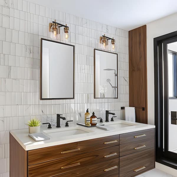 12 in. 2-Light Brass Gold Bathroom Vanity Light, Clear Glass Black Bath Lighting, Transitional Wall Sconce for Mirror