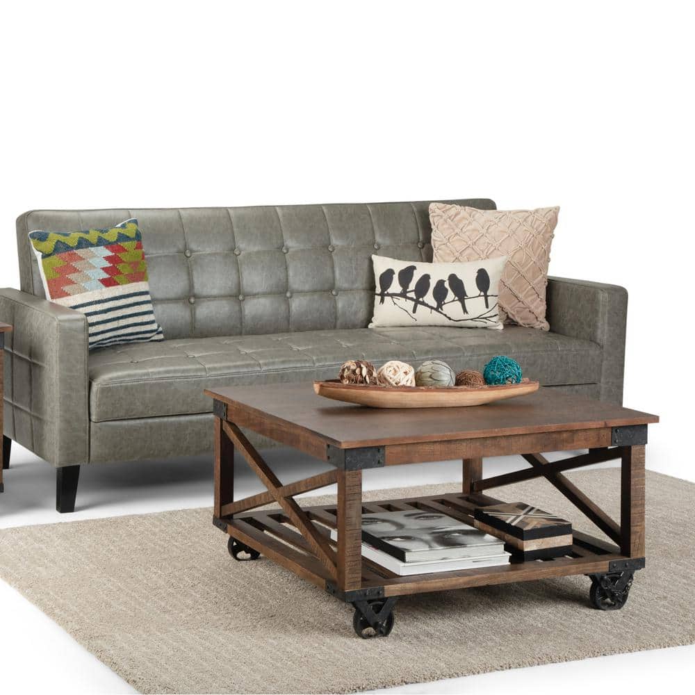 Harding Distressed Dark Brown Solid Mango Wood Square Coffee Table with Iron Wheels