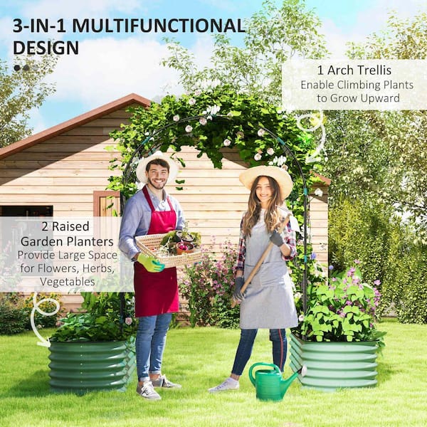 Outsunny - Raised Garden Beds with Arch Trellis, Climbing Net, Galvanized Steel Planter Box for Climbing Vegetables Flowers Herbs