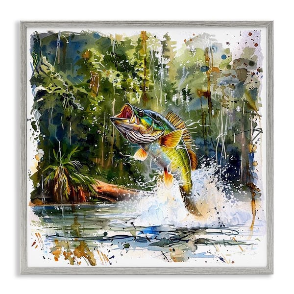 Stupell Industries Jumping Bass Splash by LSR Design Studio Gray Framed Animal Giclee Art Print 12 in. x 12 in.
