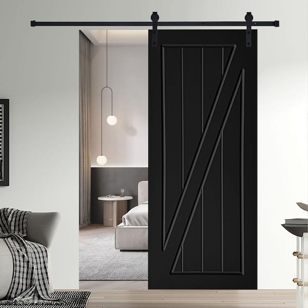 AIOPOP HOME Modern Z Frame 21 in. x 84 in. MDF Black Barn Sliding