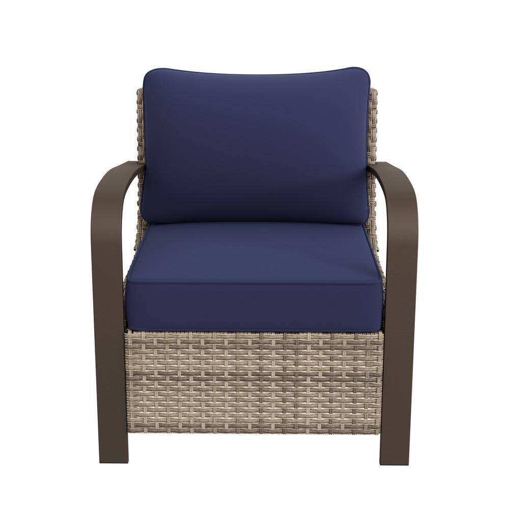 Blue Cushioned Brown Steel Wicker Lounge Chair