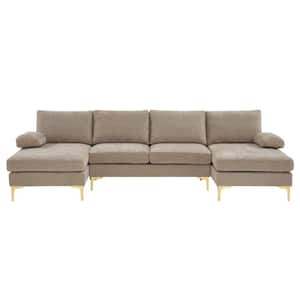 110 in. Padded Arm 3 Piece Chenille U-shaped Sectional Sofa in Light Brown