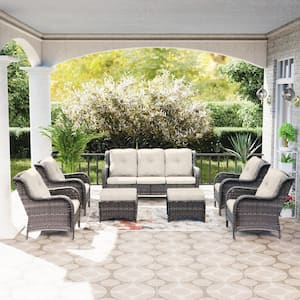 Brown 7-Piece Wicker Outdoor Patio Conversation Sofa Set with Beige Cushion