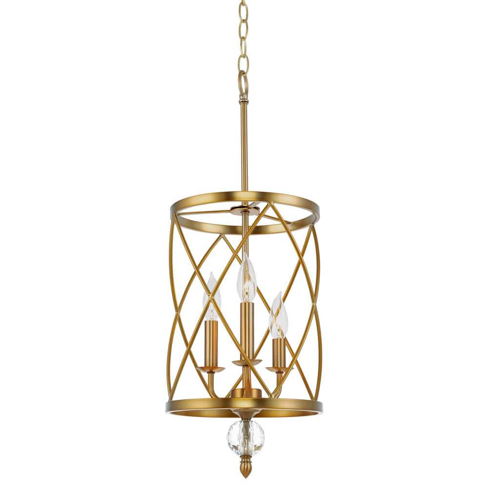 Eleanor Warm Brass 3-Light Cylinder Lantern Chandelier with Faceted Glass Accent