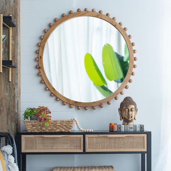 Blisstyle Brown 33.5 in. W x 33.5 in. H Art Deco Round Wood Framed Mirror Wall Mirror Wall Decor Mirror