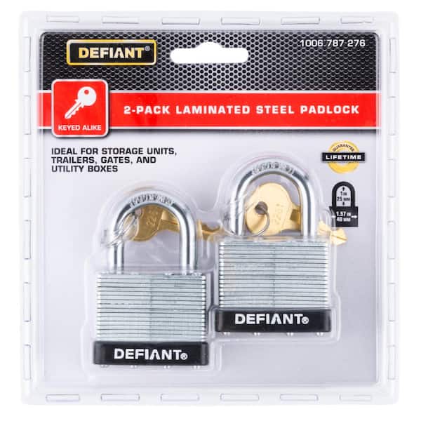 Defiant 40 mm 1 in. 2-Pack Laminated Steel Shackle Keyed Padlocks (Includes 2 Keys)