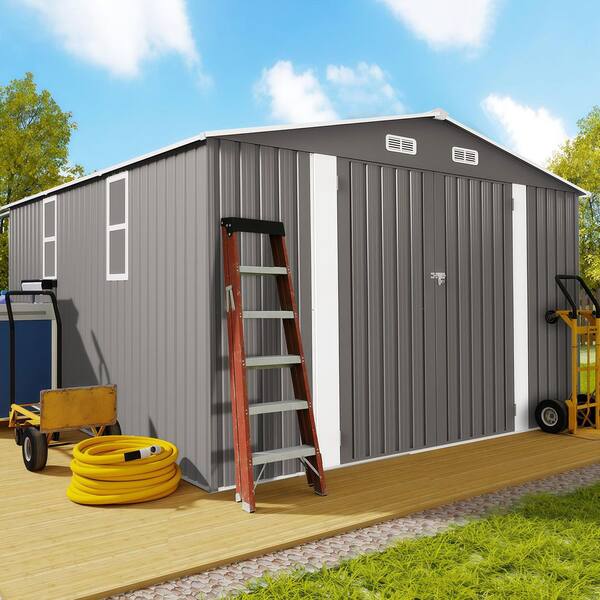 10 ft. W x 12 ft. D Metal Shed with Double Door and 2 Window, Waterproof Tool Sheds in Grey (117 sq. ft. )