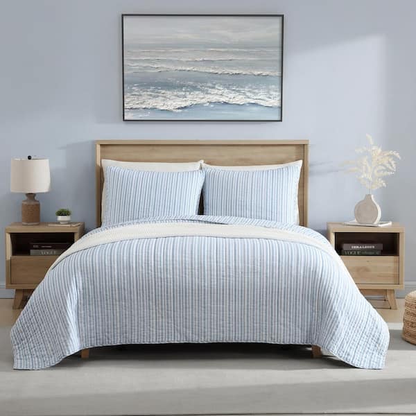 Coleridge Stripe Light Blue 3-Piece Cotton Full Queen Quilt Set