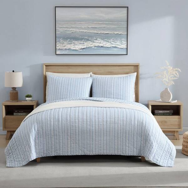 Nautica Coleridge Stripe Light Blue 3Piece Cotton Full Queen Quilt Set